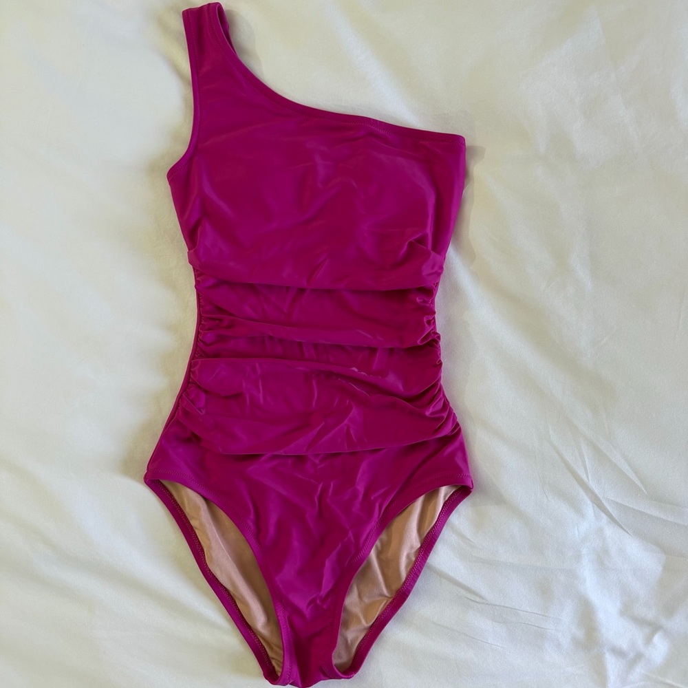 J.Crew One shoulder rutched fuchsia one piece bikini size 0